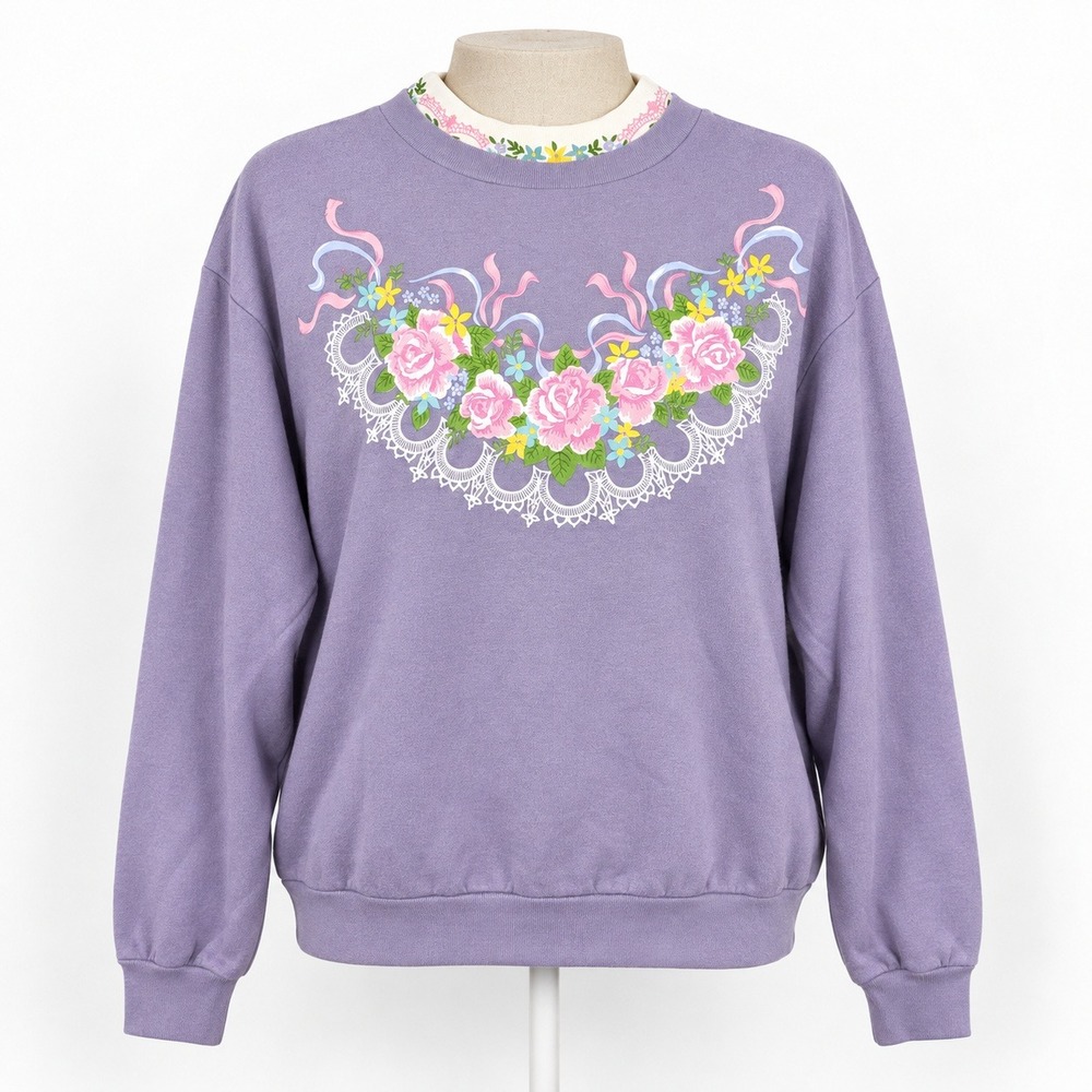 Vintage 90s Floral Lace Double Collar Sweatshirt Sz L Purple Cottagecore Granny
